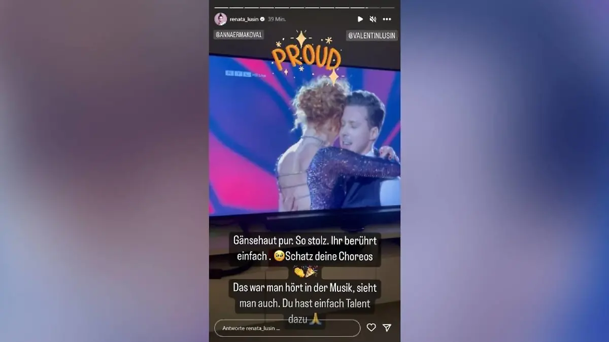 Die schwangere Renata Lusin fiebert von zu Hause aus mit ihrem Valentin und Anna mit. "Gänsehaut pur!", postet sie mega stolz in ihrer Instagram-Story