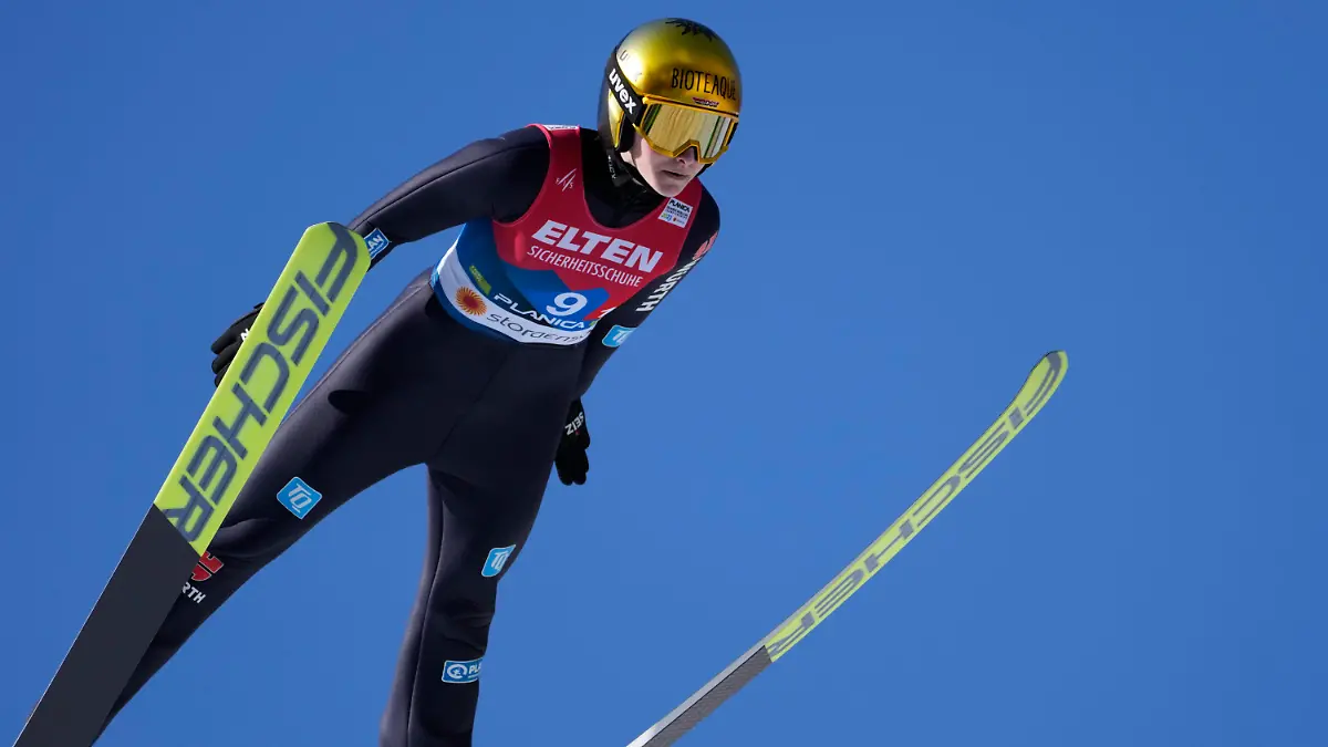 Germany's Anna Rupprecht competes during the Team Women HS100 competition at the Nordic World Championships in Planica, Slovenia, Saturday, Feb. 25, 2023. (AP Photo/Darko Bandic)