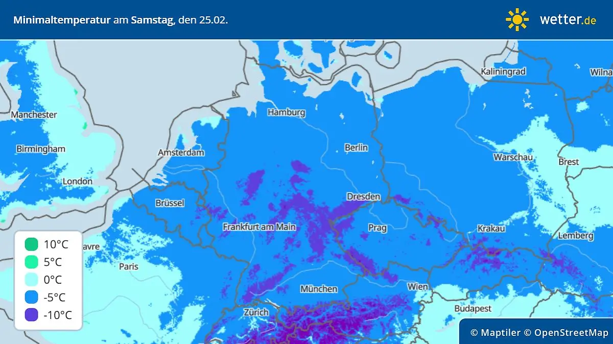 Die Grafik zeigt die tiefsten Temperaturen in der Nacht auf Samstag