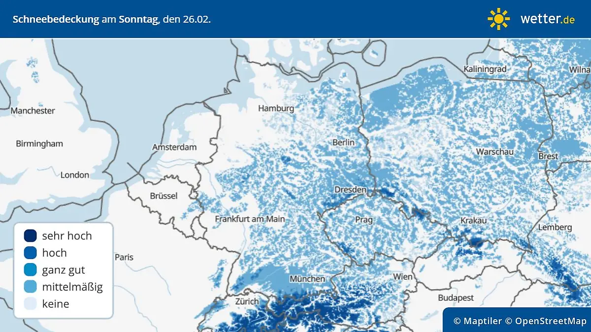 Die Grafik zeigt die Schneebedeckung am Sonntagmorgen, 26.02.2022