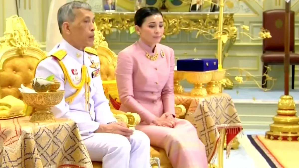 King Maha Vajiralongkorn and his consort, General Suthida Vajiralongkorn named Queen Suthida attend their wedding ceremony in Bangkok, Thailand May 1, 2019, in this screen grab taken from a video. Thai TV Pool  THAILAND OUT. NO COMMERCIAL OR EDITORIAL SALES IN THAILAND.