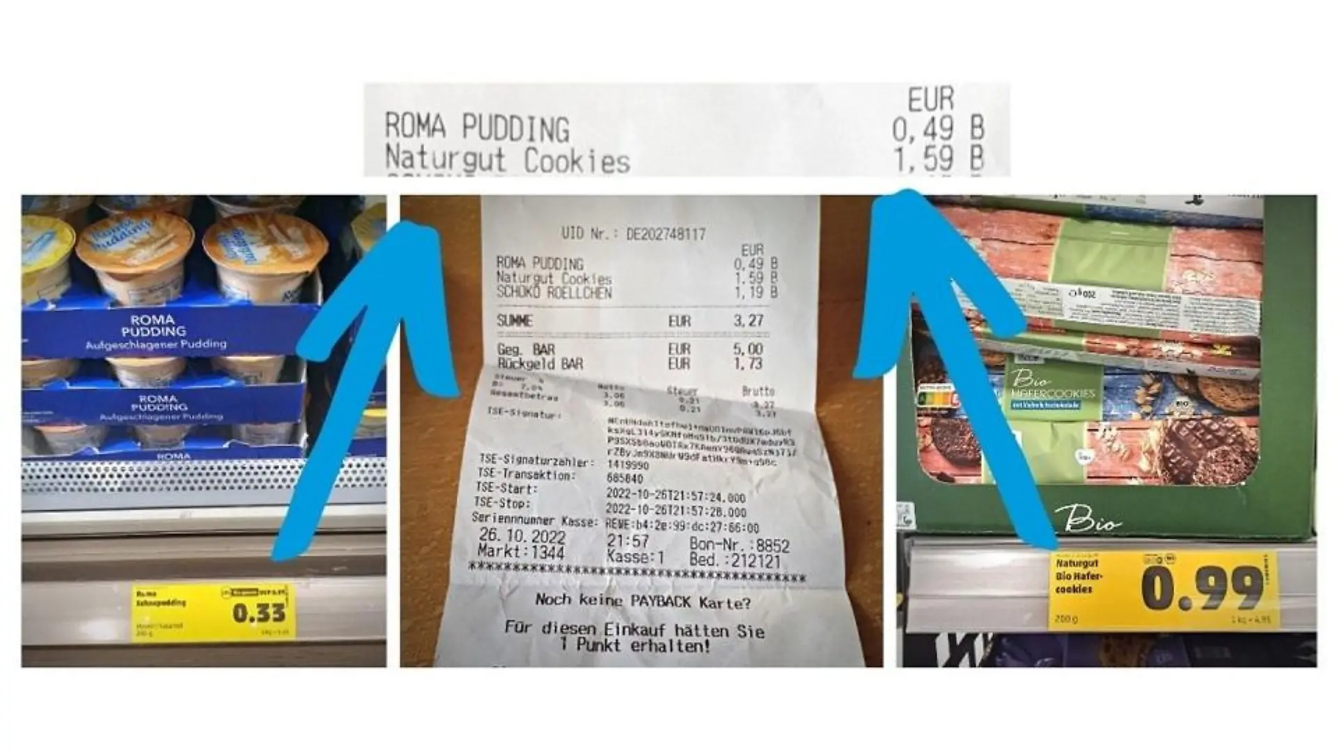 Preisschilder in einem Supermarkt und ein Kassenzettel