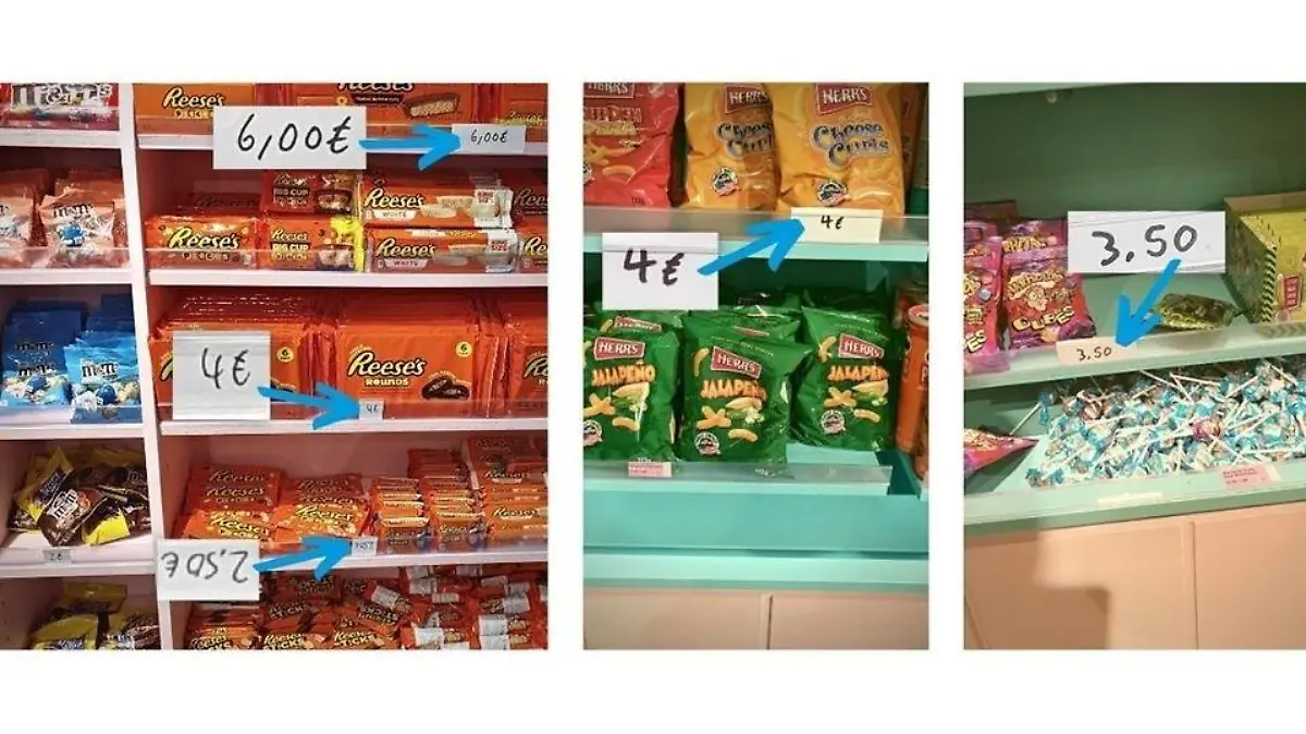 Fotos von Regalen und Preisschildern in einem Candy Shop.
