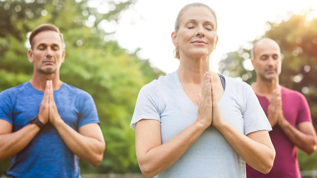 Three people at park meditating with joined hands and closed eyes. Senior woman and mature men doing breath exercise outdoor. Group of people doing yoga with joined hands and relaxing together."r