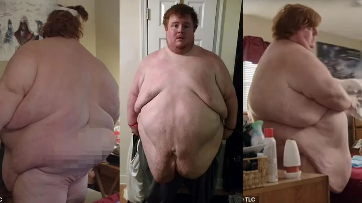 Ein über 300 Kilogramm schwerer Mann präsentiert seine riesen Pfunde mit nackter Haut.