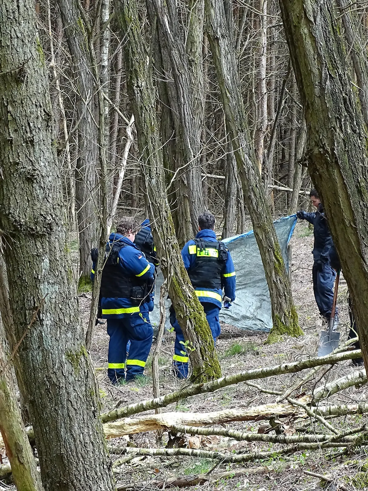 11.04.2019, Brandenburg, Herzberg: Kräfte des Technischen Hilfswerks (THW) und der Polizei suchen in einem Waldstück nahe des Herzberger Sees nach der verschwundenen Schülerin Rebecca. Die 15-Jährige ist seit dem 18. Februar verschwunden. Polizei und Staatsanwaltschaft gehen davon aus, dass die Schülerin Opfer eines Verbrechens wurde. Foto: Toni Feist/dpa-Zentralbild/dpa | Verwendung weltweit