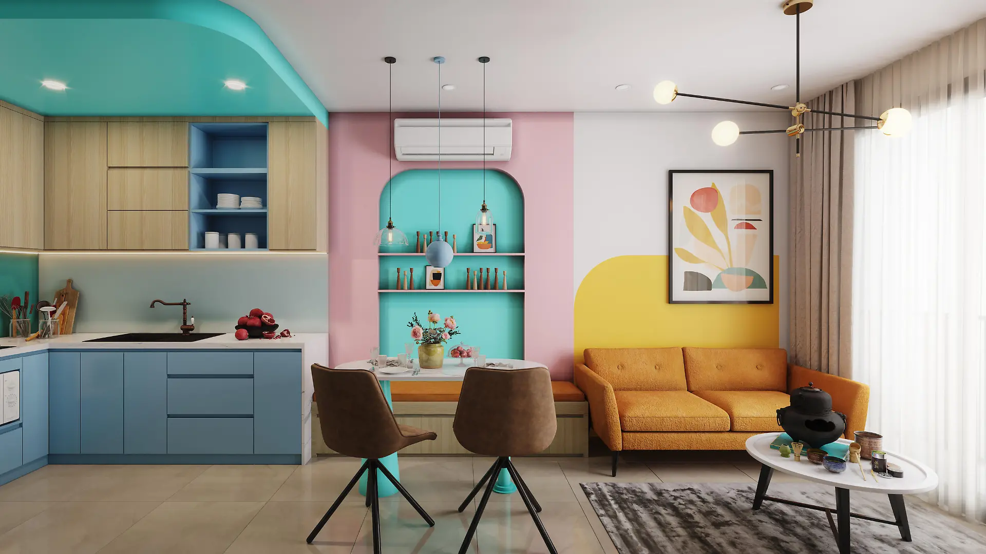 Digitally generated cozy and modern small apartment interior scene.

The scene was rendered with photorealistic shaders and lighting in Corona Renderer 6 for Autodesk® 3ds Max 2020 with some post-production added.