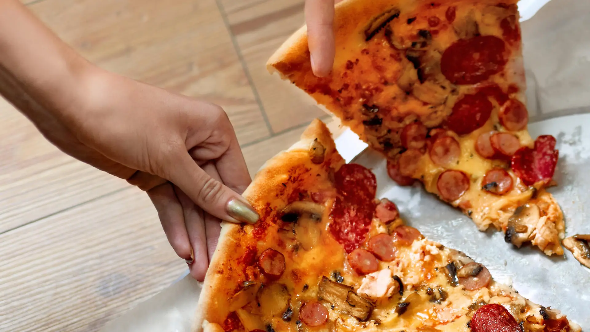 Eating Food. Close-up Of People Hands Taking Slices Of Pepperoni Pizza. Group Of Friends Sharing Pizza Together. Fast Food, Friendship, Leisure, Lifestyle.