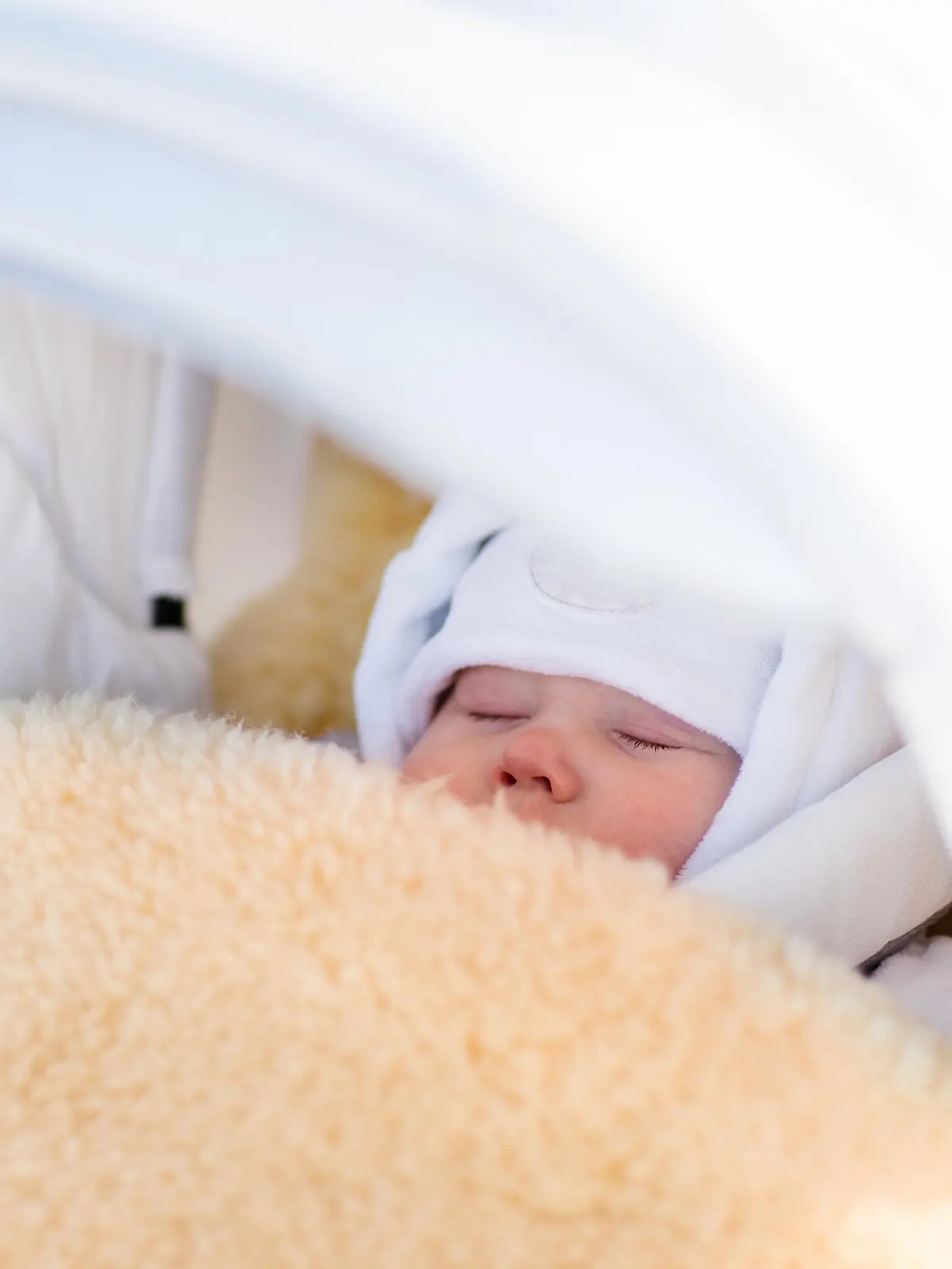 Cute newborn child sleeping in stroller on a cold winter day. New born baby taking a nap in warm sheepskin fur footmuff in a stroller in snowy park. Kids sleep outdoors in pram. Family fun in snow.