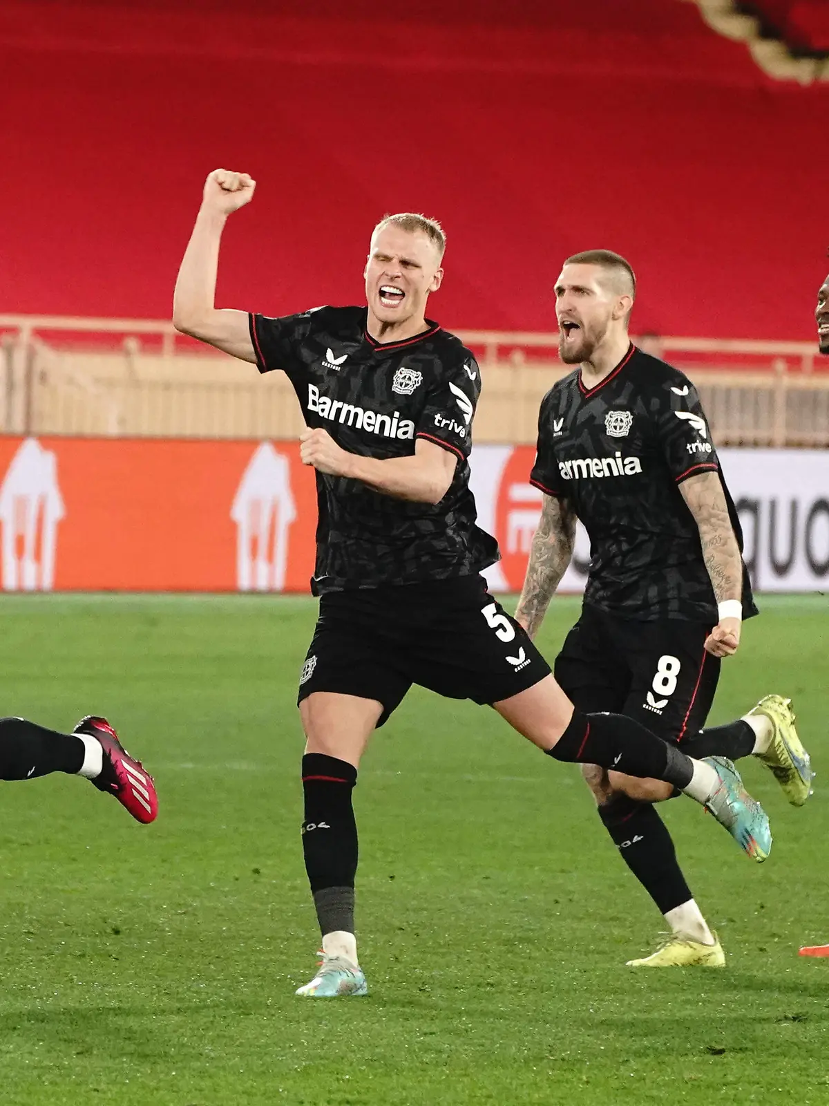 joie - Equipe du Bayer 04 Leverkusen - Nadiem Amiri Bayer 04 Leverkusen - Robert Andrich Bayer 04 Leverkusen - Mitchel Bakker Bayer 04 Leverkusen - Edmond Tapsoba Bayer 04 Leverkusen FOOTBALL : AS Monaco vs Bayer 04 Leverkusen - League Europa - Monaco - 23/02/2023 NorbertScanella/Panoramic PUBLICATIONxNOTxINxFRAxITAxBEL