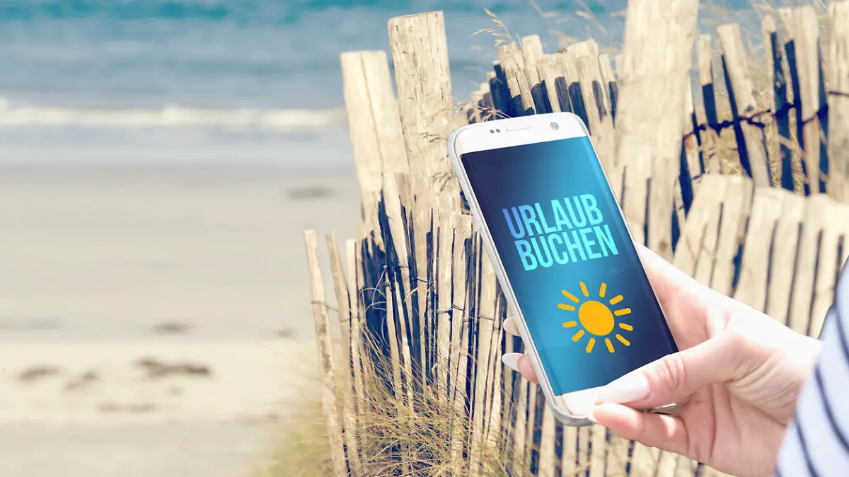 Beach, smartphone and holiday booking