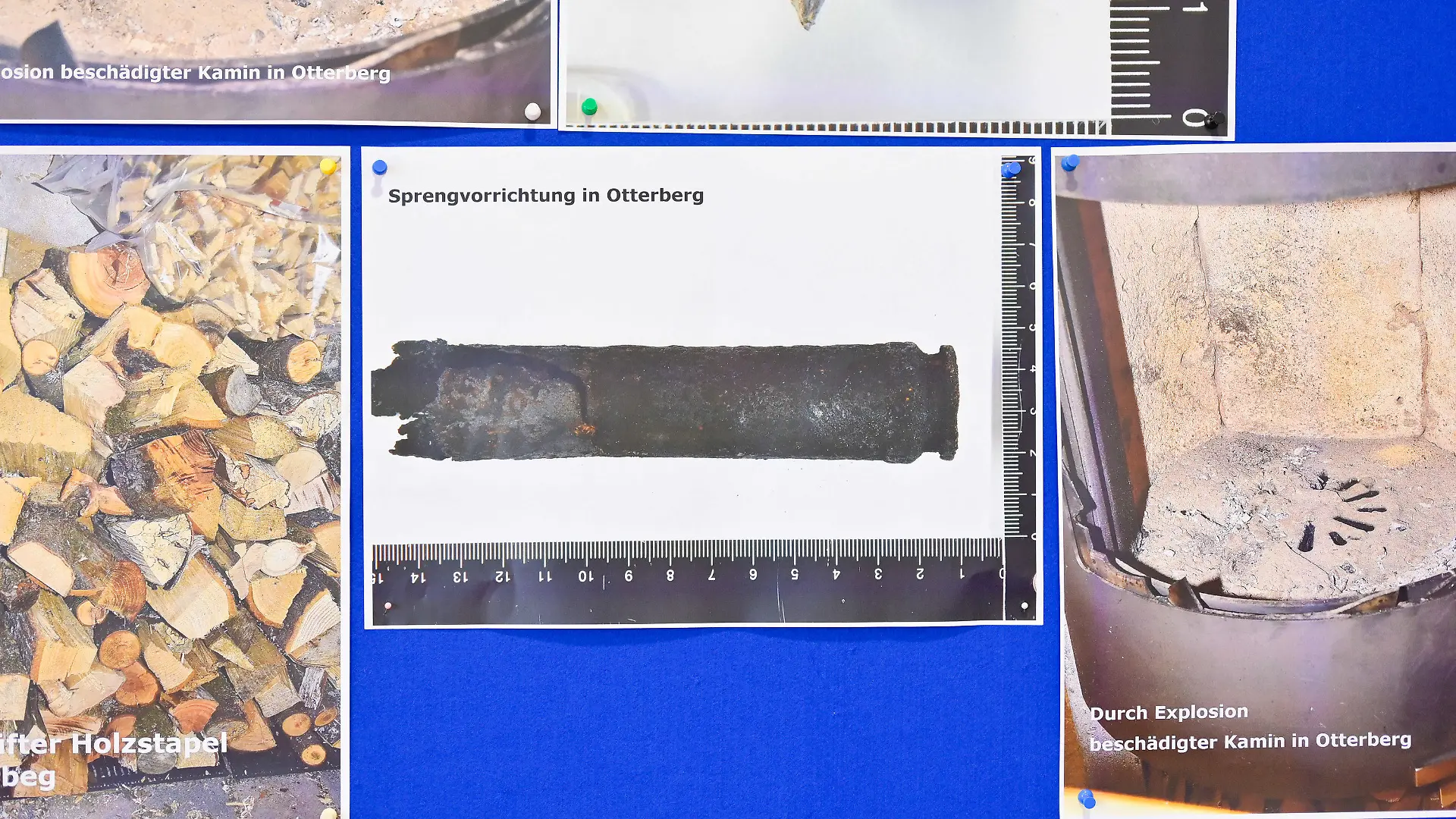 15.03.2019, Rheinland-Pfalz, Kaiserslautern: Das Foto einer Sprengvorrichtung hängt an einer Wand bei einer Pressekonferenz der Staatsanwaltschaft und des Polizeipräsidiums Westpfalz zu Sprengfallen, die ein Landschaftsgärtner gelegt haben soll. Der inzwischen gestorbene Mann aus Mehlingen soll im Streit einen Arzt mit einer Sprengfalle getötet und zwei Frauen verletzt haben. Foto: Uwe Anspach/dpa +++ dpa-Bildfunk +++