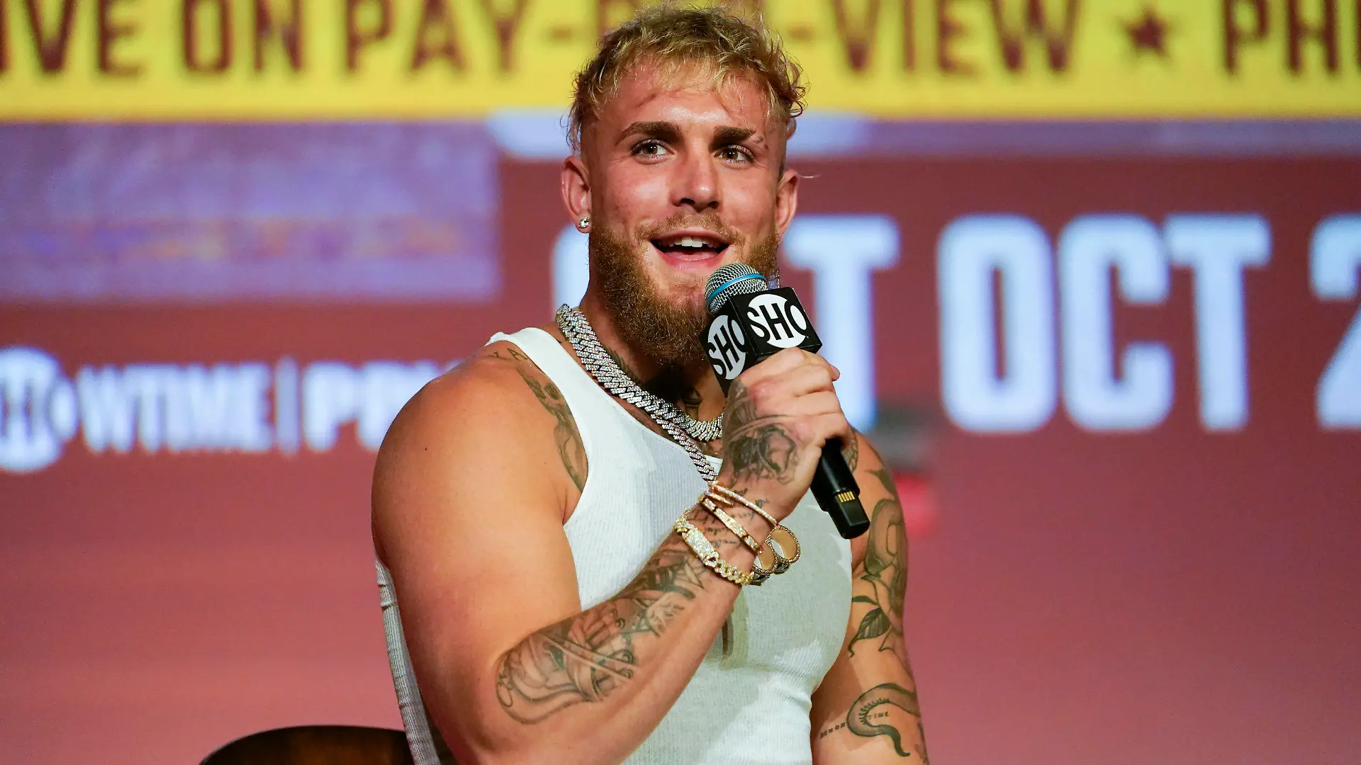 FILE - Jake Paul speaks during a news conference Monday, Sept. 12, 2022, in Los Angeles. Jake Paul’s unorthodox career in boxing might just be about to get serious. The YouTube megastar influencer-turned-prizefighter will be coming up against a recognized professional boxer for the first time Sunday when he takes on Tommy Fury. (AP Photo/Ashley Landis, File)
