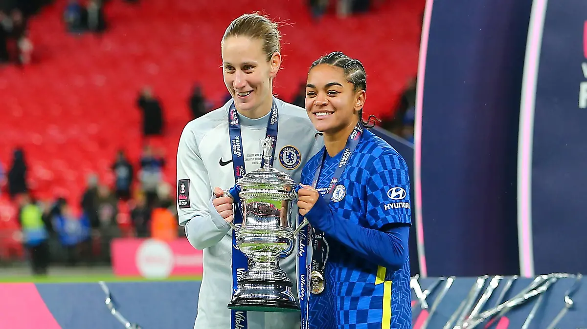 5th December 2021; Wembley Stadium, London, England; Womens FA Cup final, Arsenal versus Chelsea: Ann Katrin Berger and Jessica Carter of Chelsea Women posing with the Womens FA Cup trophy.