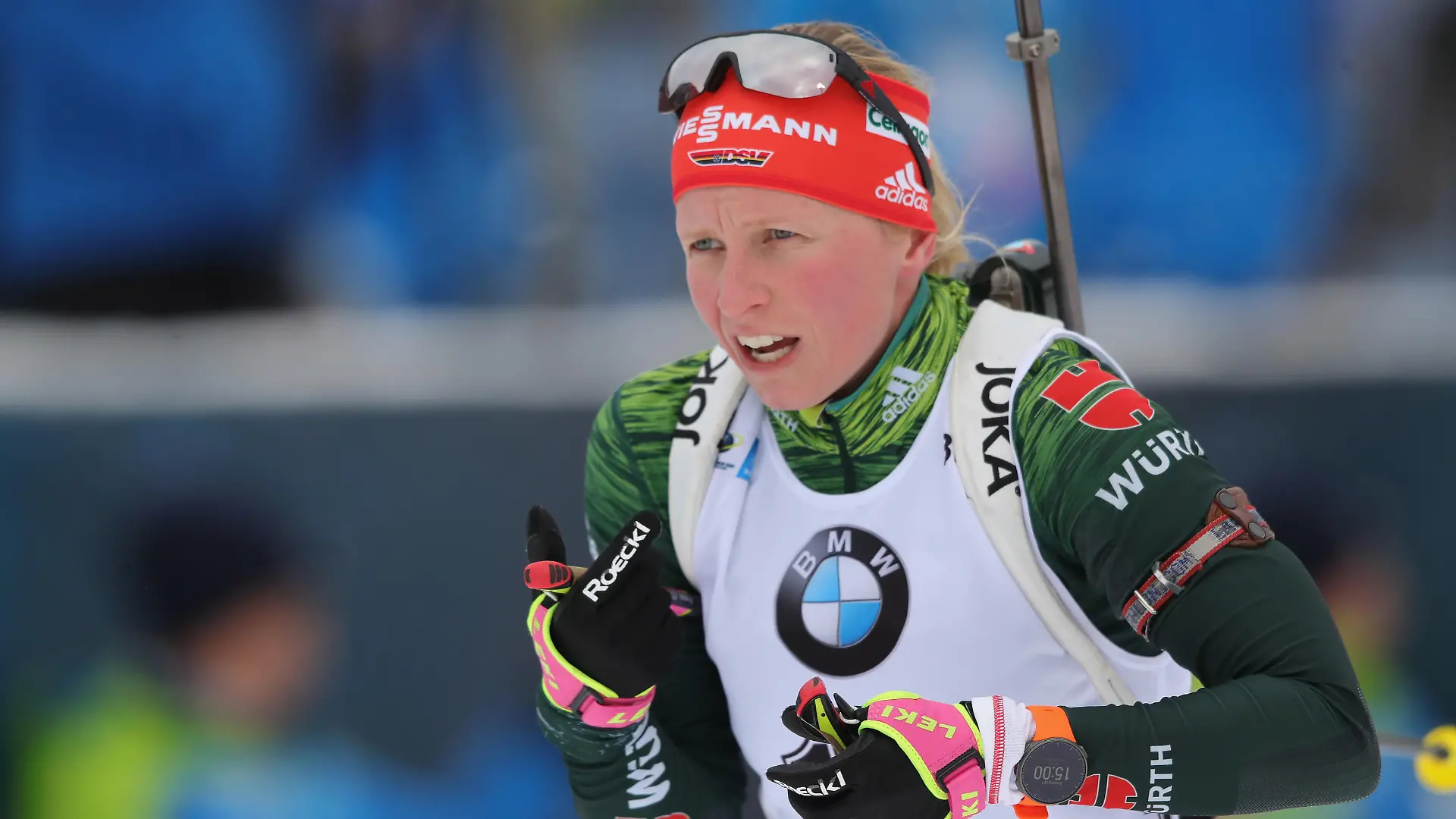 RUHPOLDING, GERMANY - JANUARY 20: Franziska Hildebrand of Germany competes at the Women 12.5 km Mass Start during the IBU Biathlon World Cup at Chiemgau Arena on January 20, 2019 in Ruhpolding, Germany. (Photo by Alexander Hassenstein/Bongarts/Getty Images)