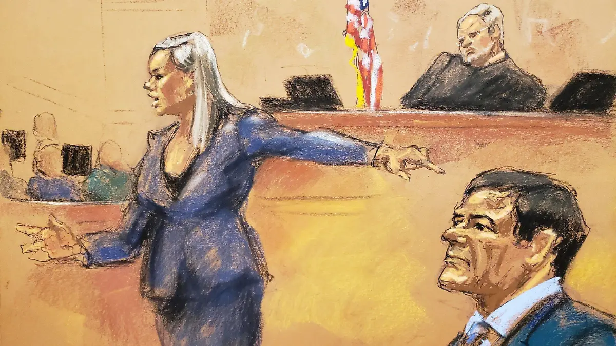 A view of a photographic reproduction of a drawing by Jane Rosenberg that shows US Attorney s Assistant Amanda Liskamm (L) during the final plea in the trial against Mexican drug lord Joaquin El Chapo Guzman Loera (R), in front of judge Brian Cogan (C) of the Brooklyn South District court, in New York, United States, 31 January 2019. Final plea of El Chapo s trial in New York !ACHTUNG: NUR REDAKTIONELLE NUTZUNG! PUBLICATIONxINxGERxSUIxAUTxONLY Copyright: xJanexRosenbergx AME6554 20190131-636845730227471961