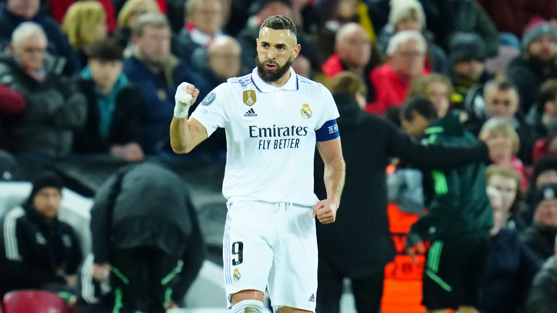 Mandatory Credit: Photo by Javier Garcia/Shutterstock 13775670be Karim Benzema of Real Madrid celebrates scoring a goal after making it 5-2 Liverpool v Real Madrid, UEFA Champions League, Round of 16, First Leg, Football, Anfield, Liverpool, UK - 21 Feb 2023 EDITORIAL USE ONLY No use with unauthorised audio, video, data, fixture lists, club/league logos or live services. Online in-match use limited to 120 images, no video emulation. No use in betting, games or single club/league/player publications. Liverpool v Real Madrid, UEFA Champions League, Round of 16, First Leg, Football, Anfield, Liverpool, UK - 21 Feb 2023 EDITORIAL USE ONLY No use with unauthorised audio, video, data, fixture lists, club/league logos or live services. Online in-match use limited to 120 images, no video emulation. No use in betting, games or single club/league/player publications. PUBLICATIONxINxGERxSUIxAUTxHUNxGRExMLTxCYPxROUxBULxUAExKSAxONLY Copyright: xJavierxGarcia/Shutterstockx 13775670be