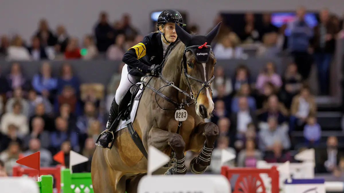 19.02.2023, Schleswig-Holstein, Neumünster: Pferdesport/Springreiten: Großer Preis (Finale der Riders Tour). Janne-Friederike Meyer-Zimmermann reitet auf Messi van't Ruytershof. Meyer-Zimmermann hat die Gesamtwertung der Riders Tours gewonnen. (zu "Meyer-Zimmermann Gesamtsiegerin der Riders Tour") Foto: Stefan Lafrentz/dpa +++ dpa-Bildfunk +++