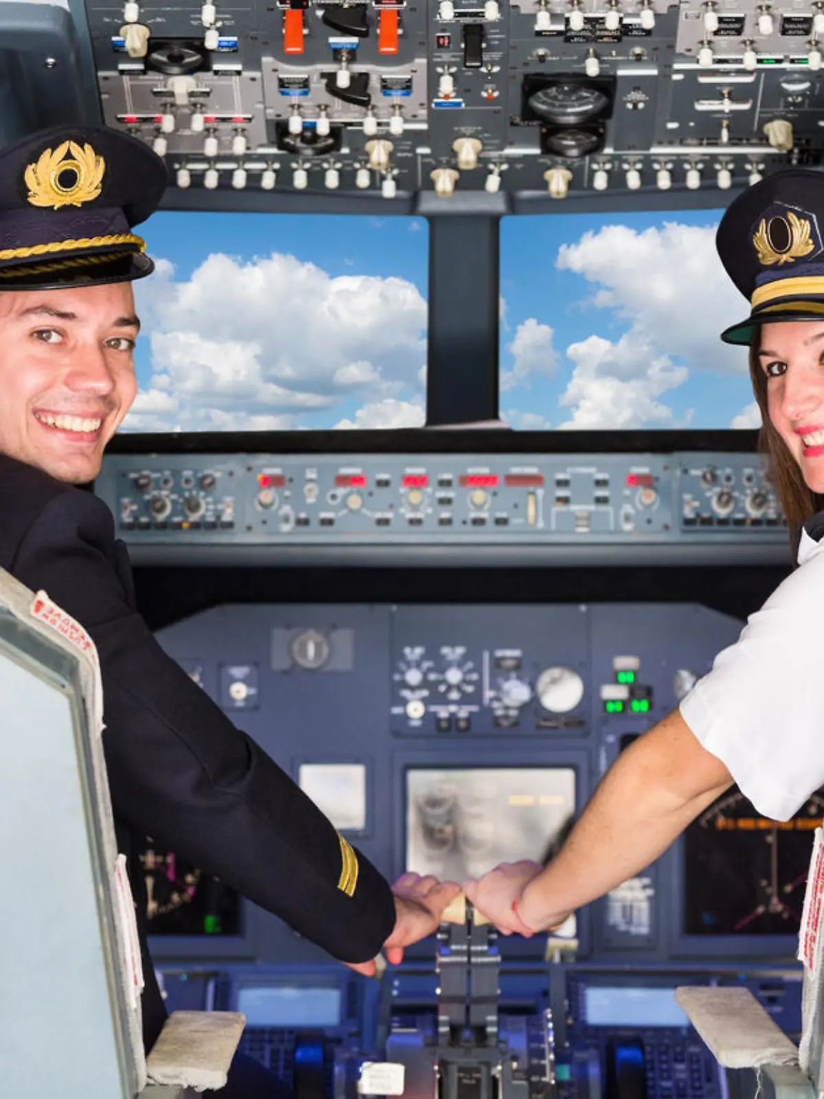 Pilot und Co-Pilotin sitzen im Cockpit.
