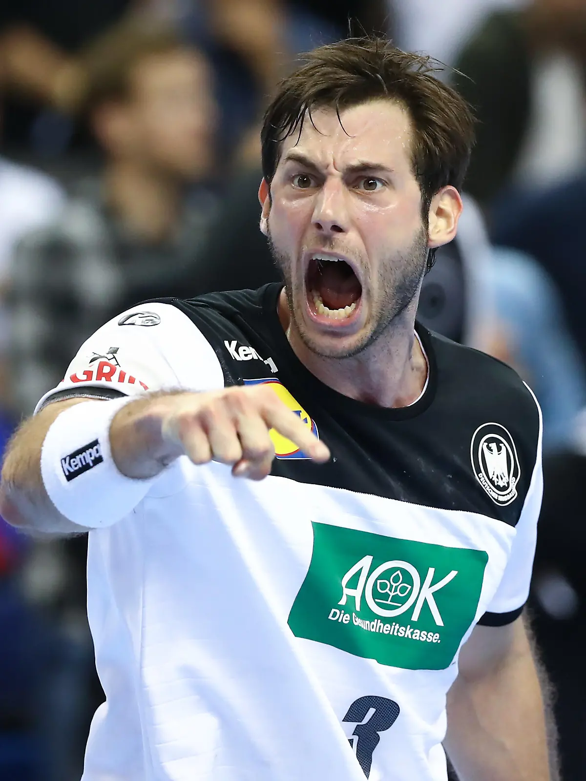 BERLIN, GERMANY - JANUARY 15: Uwe Gensheimer of Germany celebrates during the 26th IHF Men's World Championship group A match between Germany and France at Mercedes-Benz Arena on January 15, 2019 in Berlin, Germany. (Photo by Martin Rose/Bongarts/Getty Images)