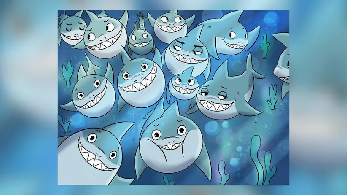 In dieser Gruppe Haie versteckt sich ein Fisch.