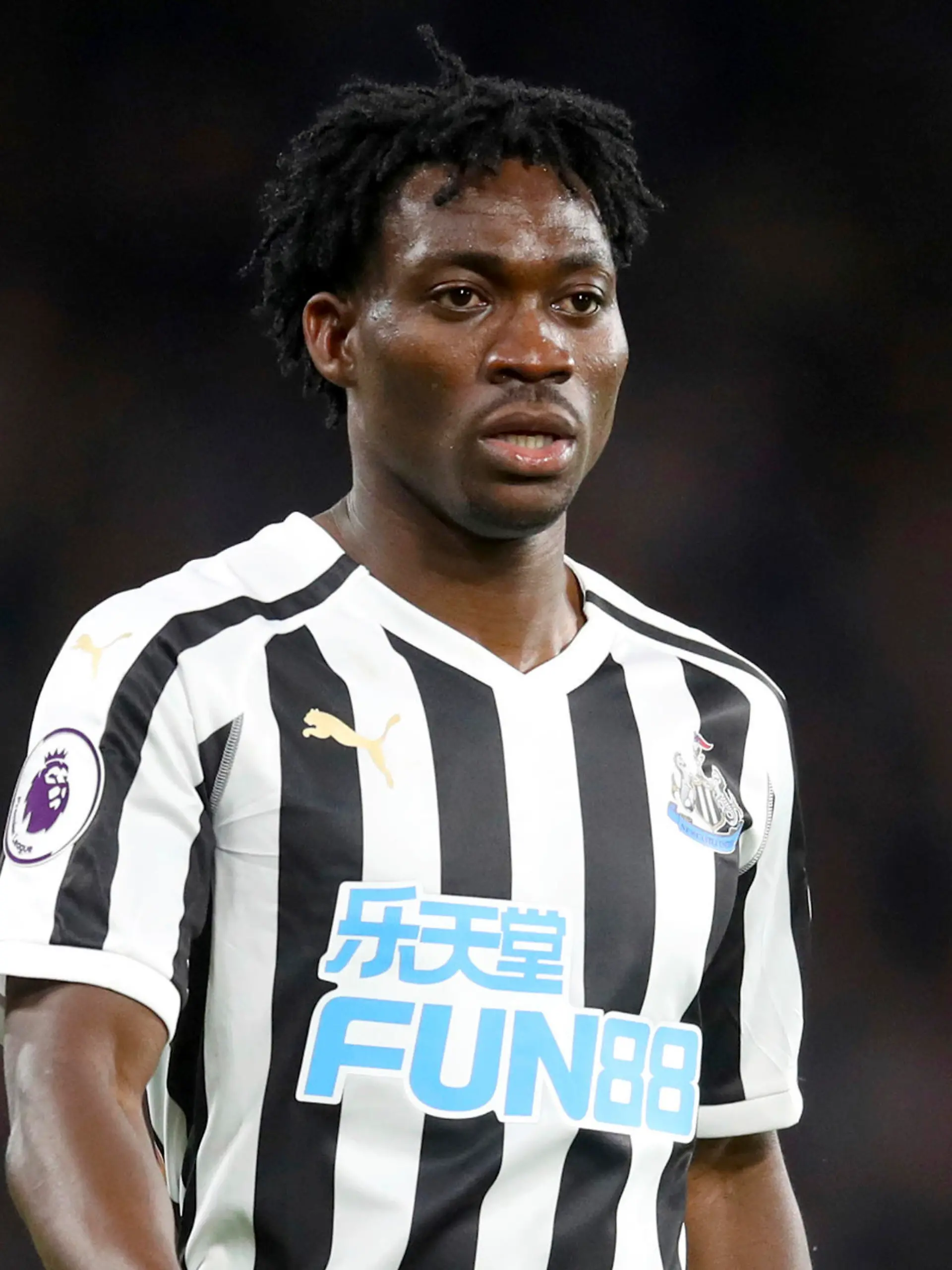 FILE - Christian Atsu plays for Newcastle United, Jan. 12, 2019. Search teams have recovered the body of Ghanaian international soccer player Christian Atsu in the ruins of a building that collapsed during the devastating earthquake that struck Turkey and Syria, his manager said Saturday Feb. 18, 2023. (Adam Davy/PA via AP, File)