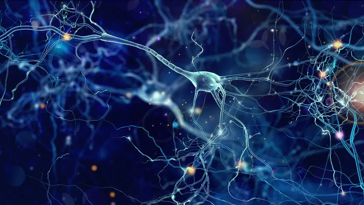 Conceptual illustration of neuron cells with glowing link knots in abstract dark space, high resolution 3D illustration