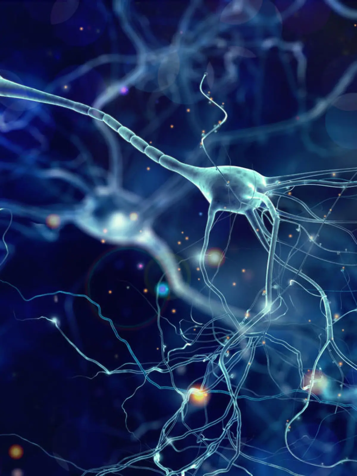Conceptual illustration of neuron cells with glowing link knots in abstract dark space, high resolution 3D illustration