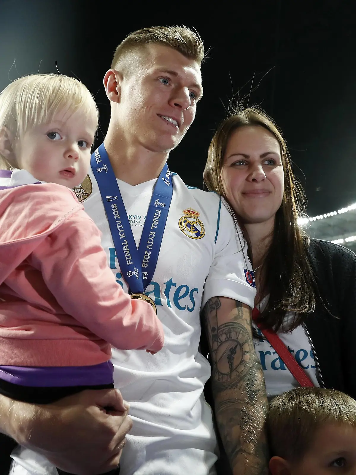Toni Kroos of Real Madrid with his daughter Amelie, his wife Jessica and his son Leon during the UEFA Champions League final between Real Madrid and Liverpool on May 26, 2018 at NSC Olimpiyskiy Stadium in Kyiv, Ukraine UEFA Champions League 2017/2018 xVIxVIxImagesx/xMauricexvanxSteenxIVx PUBLICATIONxINxGERxSUIxAUTxONLY 11173784  