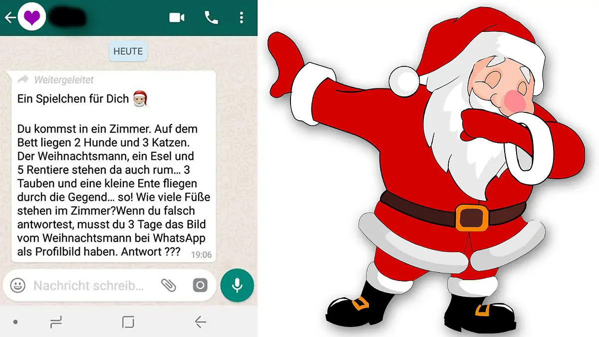 Ein Screenshot von dem weitergeleiteten Rätsel und ein Symbolbild eines tanzenden Weihnachtsmanns.