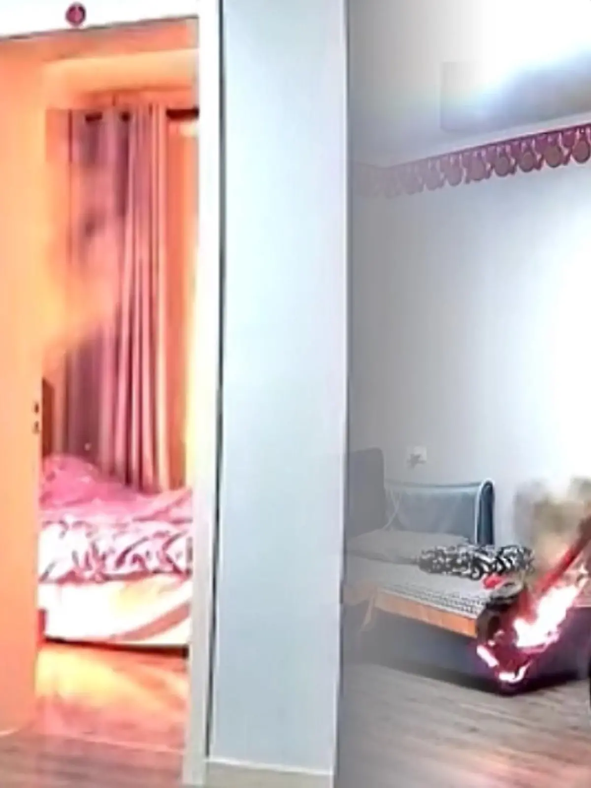Die Aufnahmen einer Überwachungskamera zeigen spektakuläre Bilder aus einem Haushalt in Taiyuan, Nordchina. Der anderthalb Jahre alte Staubsauger explodiert, während er im Schlafzimmer am Akku hängt und wird zum Feuerball