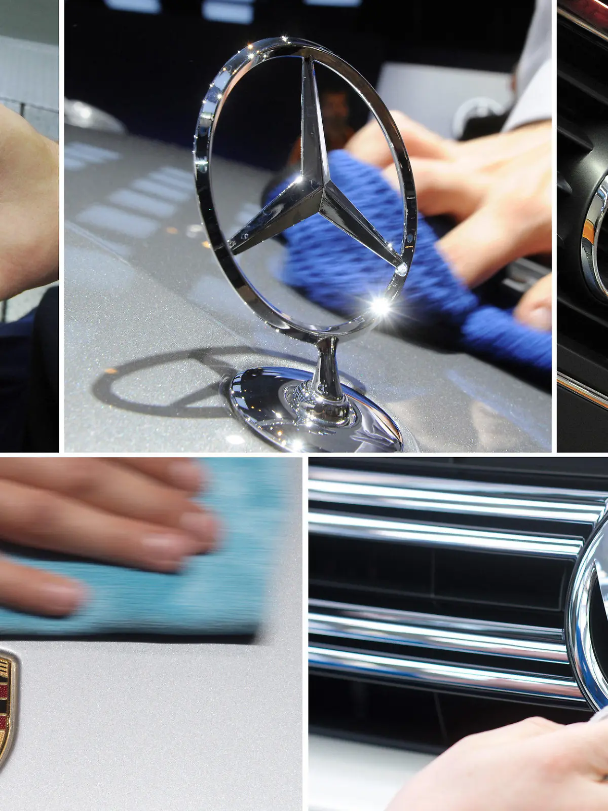 KOMBO - Mitarbeiter der deutschen Automobilmarken BMW (l-r), Daimler, Audi, Porsche und Volkswagen montieren und polieren die Logos der jeweiligen Fahrzeuge (Archivfotos). Die deutschen Autobauer sehen sich nach einem Medienbericht mit einem scharfen Kartellvorwurf konfrontiert. So sollen sich Volkswagen, Audi, Porsche, BMW und Daimler in geheimen Arbeitskreisen zu Technik, Kosten und Zulieferern abgesprochen haben, wie der «Spiegel» am 21.07.2017 berichtete. (zu dpa "«Spiegel»: Deutsche Autobauer unter Kartellverdach" vom 21.07.2017) Foto: dpa +++(c) dpa - Bildfunk+++