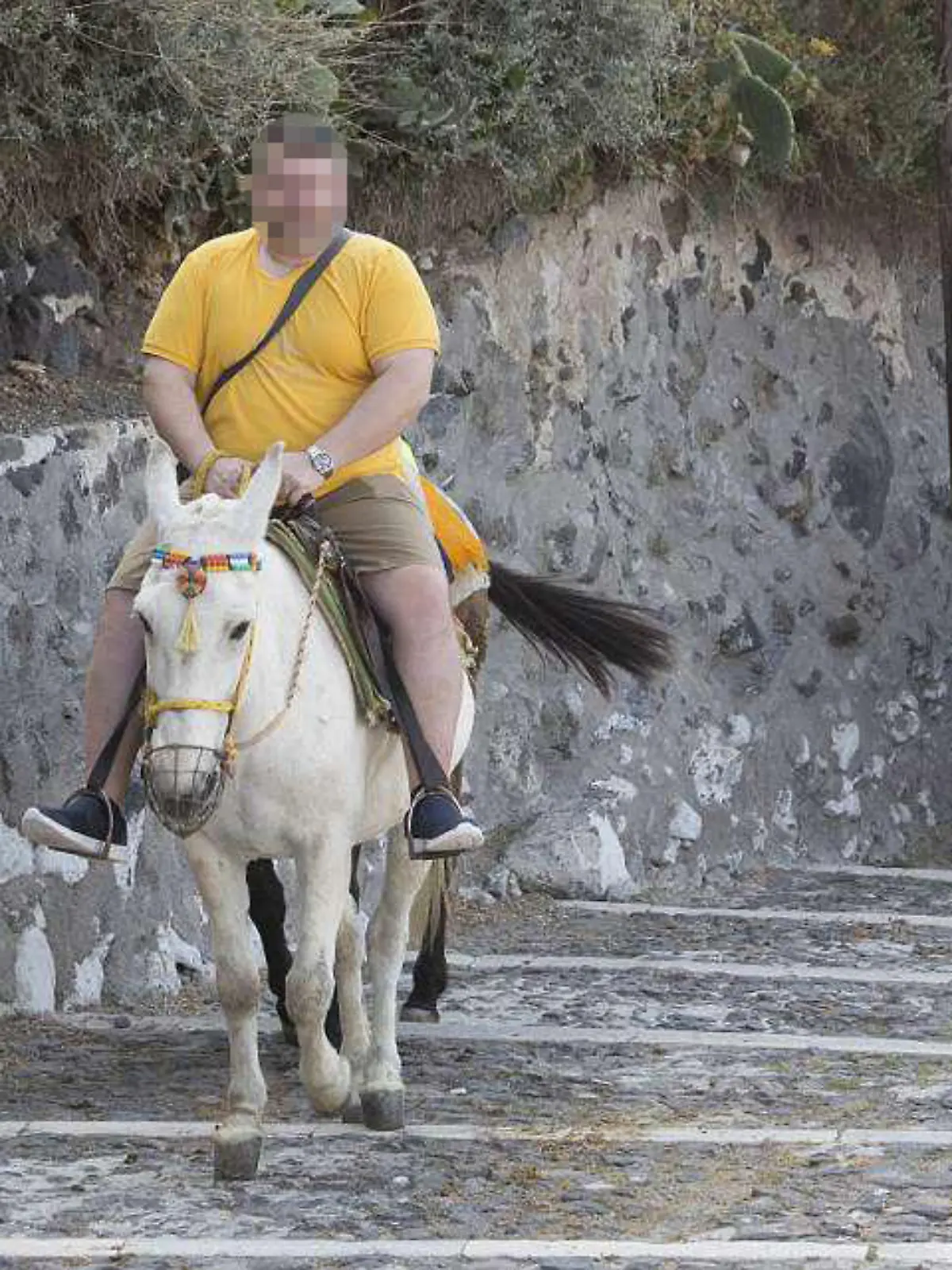 Dicker Mann reitet Esel auf Santorin
