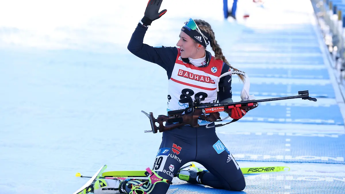 OBERHOF, GERMANY - FEBRUARY 15: Anna Weidel of Germany gestures during the Women 15 km Individual at the IBU World Championships Biathlon Oberhof on February 15, 2023 in Oberhof, Germany. (Photo by Alexander Hassenstein/Getty Images)