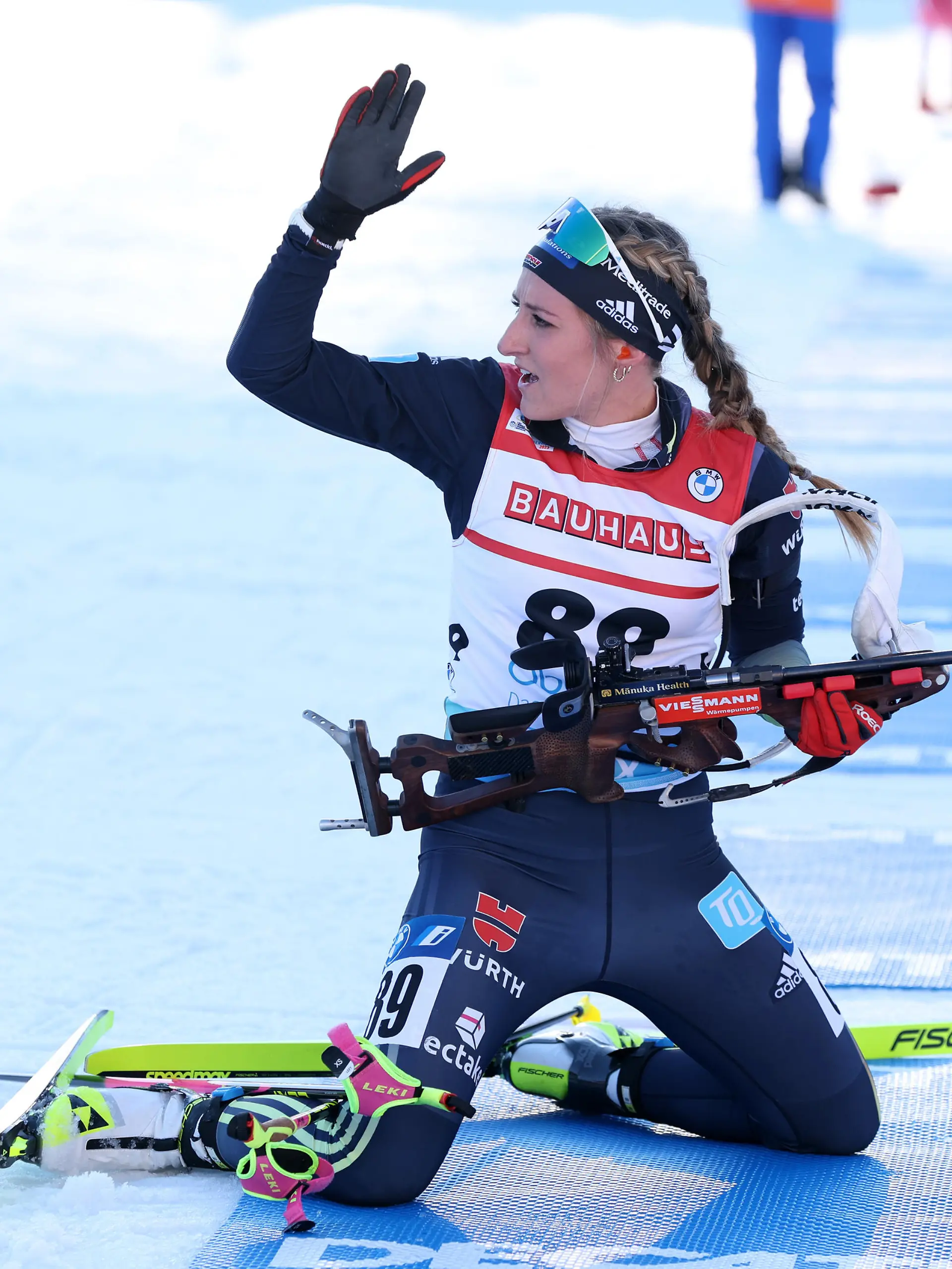 OBERHOF, GERMANY - FEBRUARY 15: Anna Weidel of Germany gestures during the Women 15 km Individual at the IBU World Championships Biathlon Oberhof on February 15, 2023 in Oberhof, Germany. (Photo by Alexander Hassenstein/Getty Images)
