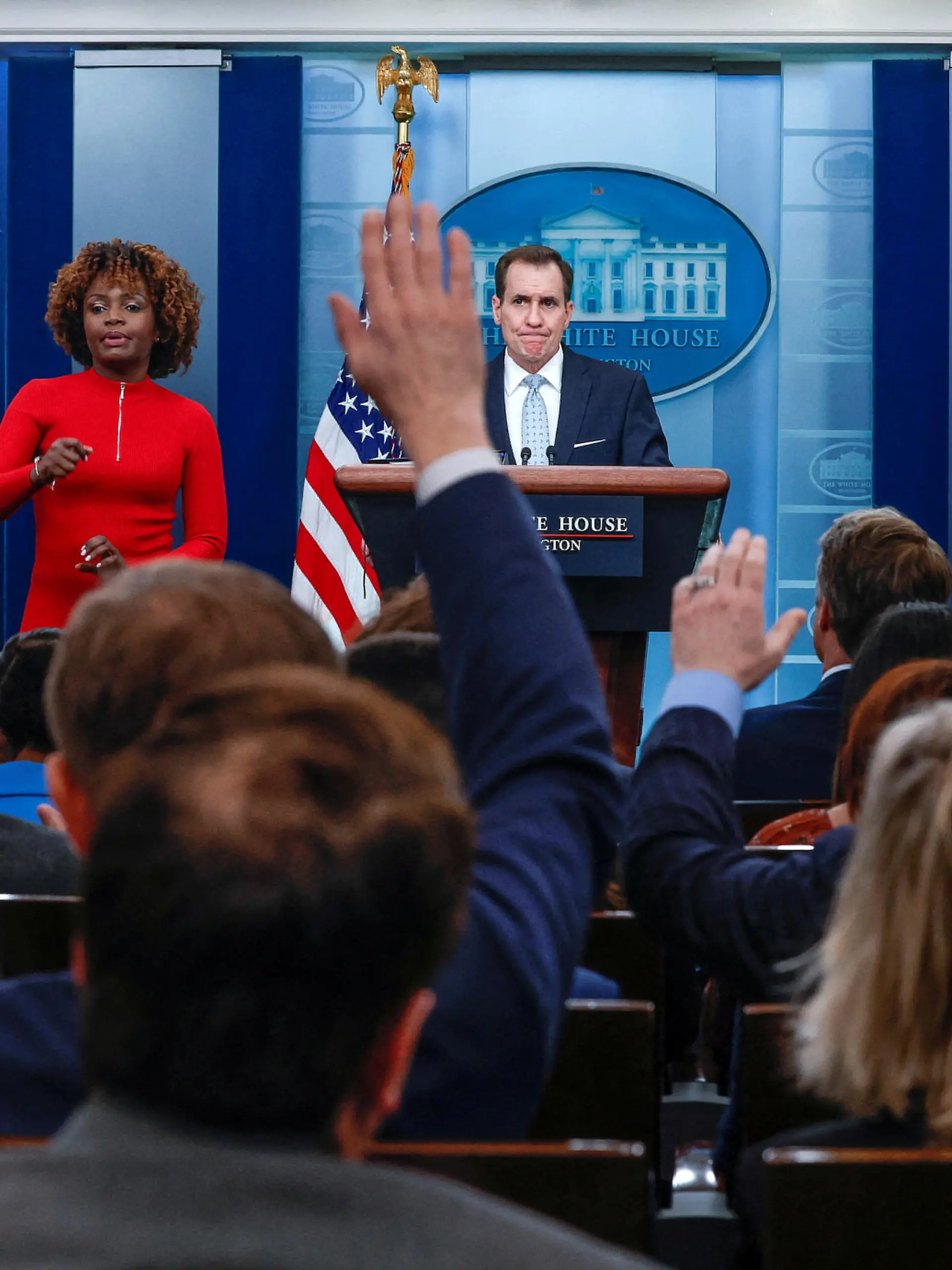 John Kirby, National Security Council Coordinator for Strategic Communications, answers questions during the daily press briefing with White House Press Secretary Karine Jean-Pierre, at the White House in Washington, U.S., February 13, 2023. REUTERS/Evelyn Hockstein