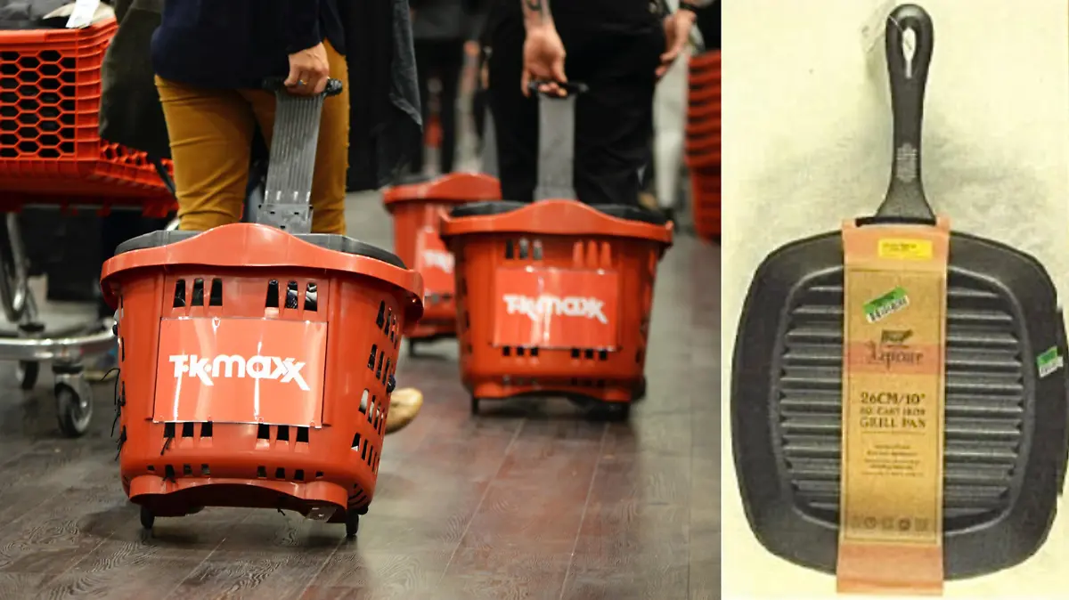 Auf dem Foto sieht man ein TK Maxx Geschäft, in dem Menschen ihre Einkaufskörbe hinter sich herziehen. Auf der rechten Seite ist die zurück gerufene Grillpfanne abgebildet.