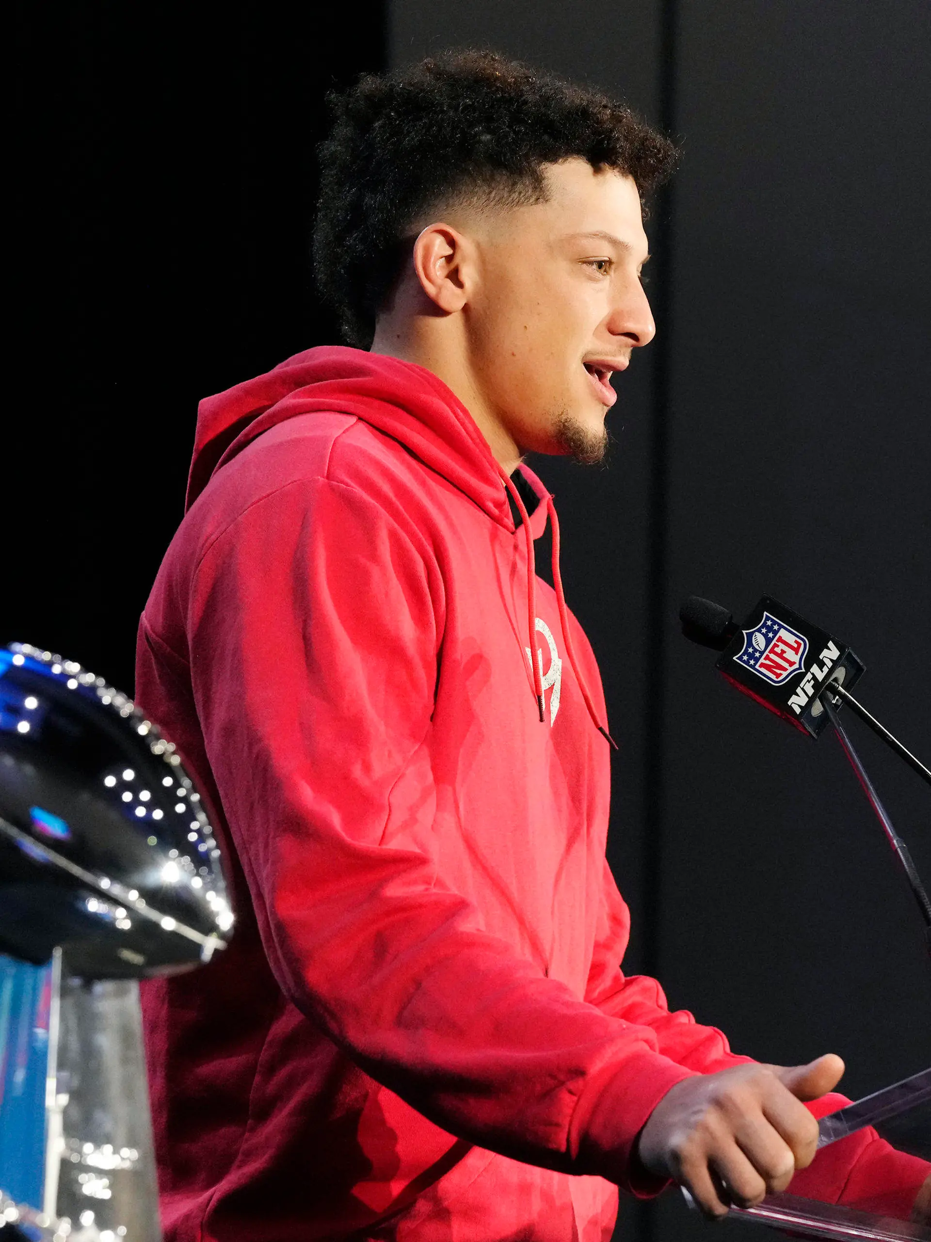 Kansas City Chiefs quarterback Patrick Mahomes talks about the Chiefs Super Bowl win during an NFL Super Bowl football news conference in Phoenix, Monday, Feb. 13, 2023. The Chiefs defeated the Philadelphia Eagles 38-35 in Super Bowl LVII. (AP Photo/Ross D. Franklin)