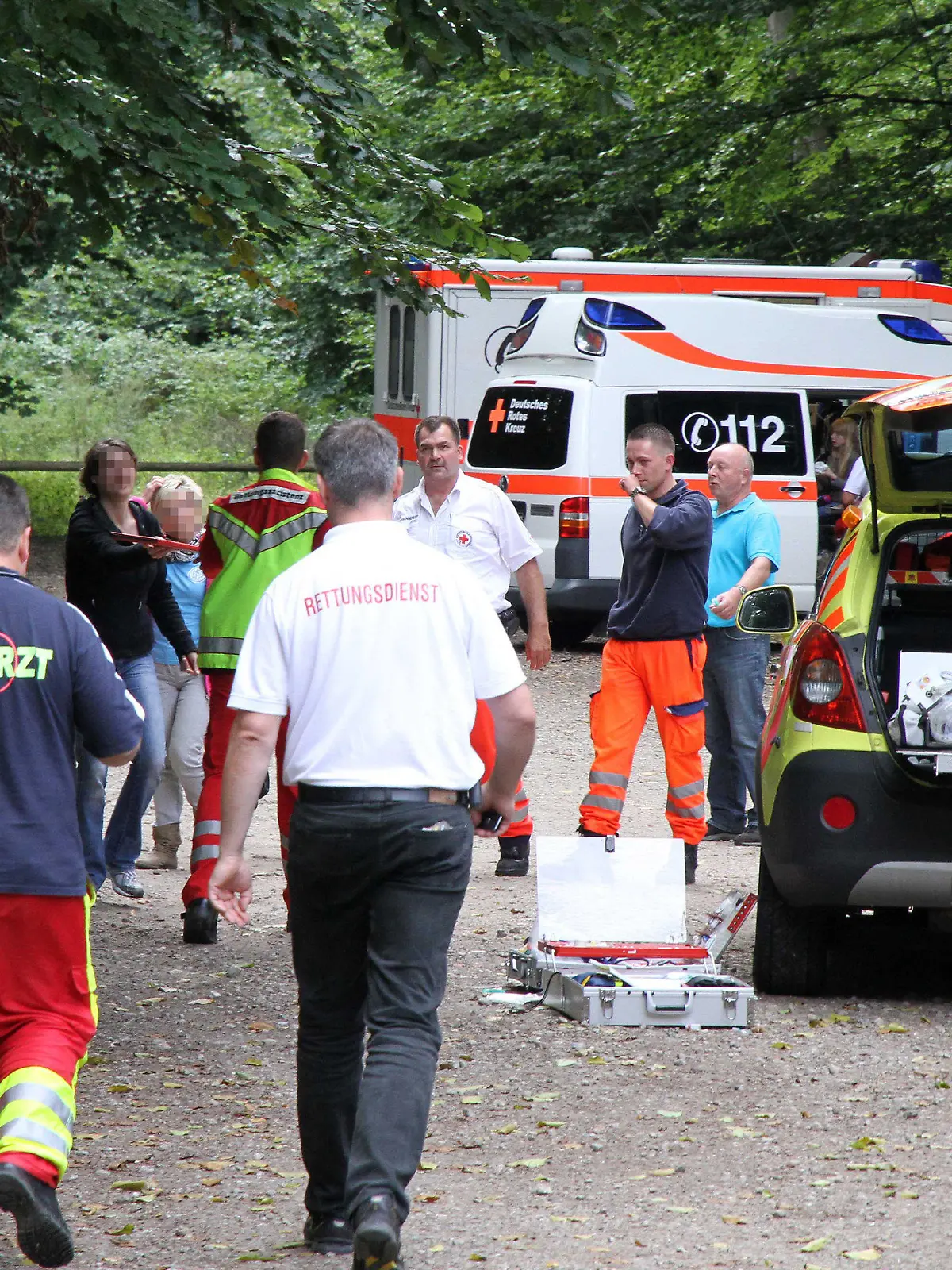 Notärzte versorgen am 18.09.2012 Schüler und Erwachsene nach einer Hornissen-Attacke bei Röbel (Mecklenburg-Vorpommern). Eine Schulklasse ist am Dienstag bei einem Ausflug unweit von Röbel von Hornissen attackiert und gestochen worden. Dabei wurden 25 Jungen und Mädchen verletzt und mussten in mehrere Krankenhäuser gebracht werden, wie ein Sprecher der Rettungsleitstelle in Neubrandenburg sagte. Foto: Susan Ebel dpa  +++(c) dpa - Bildfunk+++