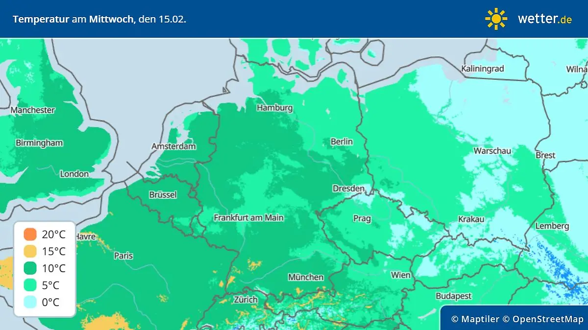 Die Grafik zeigt die Höchstwerte für Mittwoch, 15.02.2023