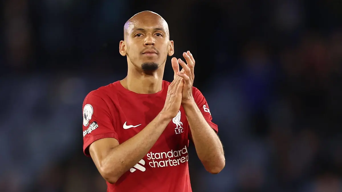 Mandatory Credit: Photo by Ryan Browne/Shutterstock 13914601dl Fabinho of Liverpool. Leicester City v Liverpool, Premier League, Football, King Power Stadium, Leicester, UK - 15 May 2023 EDITORIAL USE ONLY No use with unauthorised audio, video, data, fixture lists, club/league logos or live services. Online in-match use limited to 120 images, no video emulation. No use in betting, games or single club/league/player publications. Leicester City v Liverpool, Premier League, Football, King Power Stadium, Leicester, UK - 15 May 2023 EDITORIAL USE ONLY No use with unauthorised audio, video, data, fixture lists, club/league logos or live services. Online in-match use limited to 120 images, no video emulation. No use in betting, games or single club/league/player publications. PUBLICATIONxINxGERxSUIxAUTxHUNxGRExMLTxCYPxROUxBULxUAExKSAxONLY Copyright: xRyanxBrowne/Shutterstockx 13914601dl