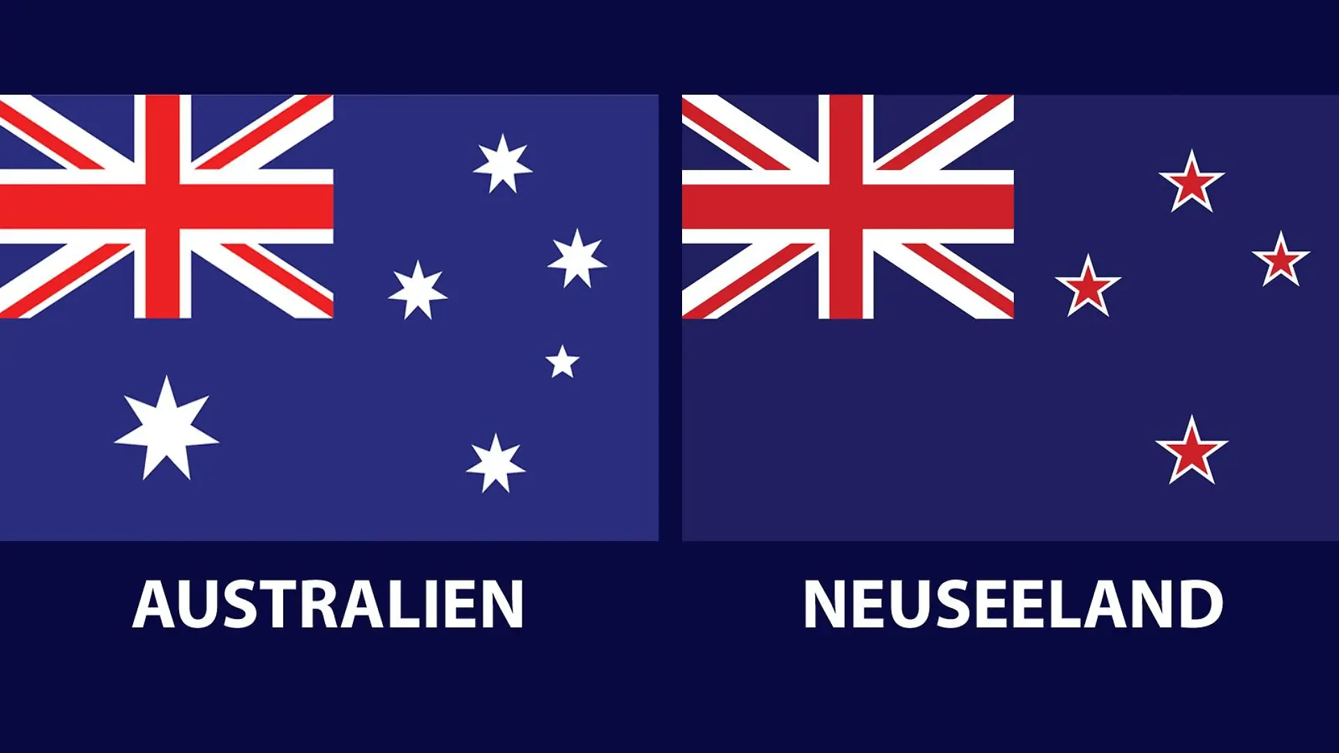 Links die aktuelle Flagge von Australien, Union Jack und Südkreuz aus weißen Sternen auf blauem Hintergrund, rechts die von Neuseeland, Union Jack auf blauem Hintergrund, Kreuz des Südens aus vier roten Sternen