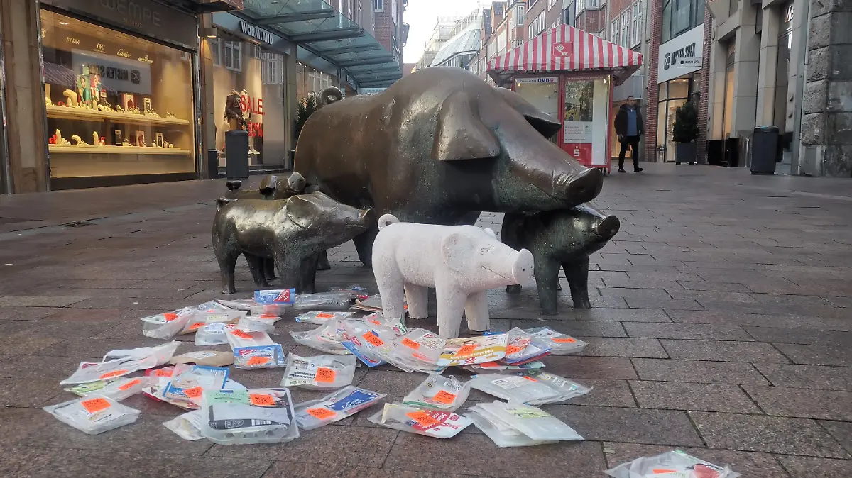 Die Bronzeschweine in der Bremer Sögestraße haben über Nacht Nachwuchs bekommen - aus containertem Fleisch.