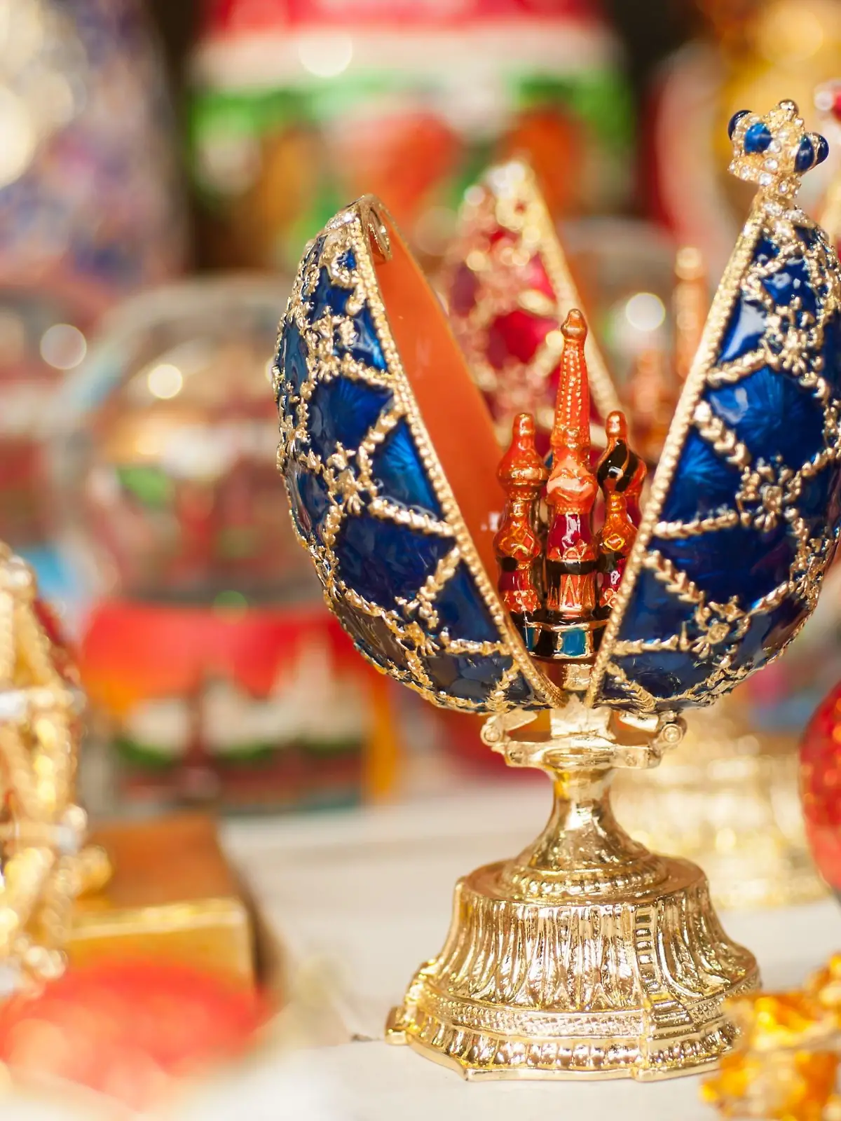 Faberge egg Russian souvenirs on the streets of Moscow in the summer in the afternoon