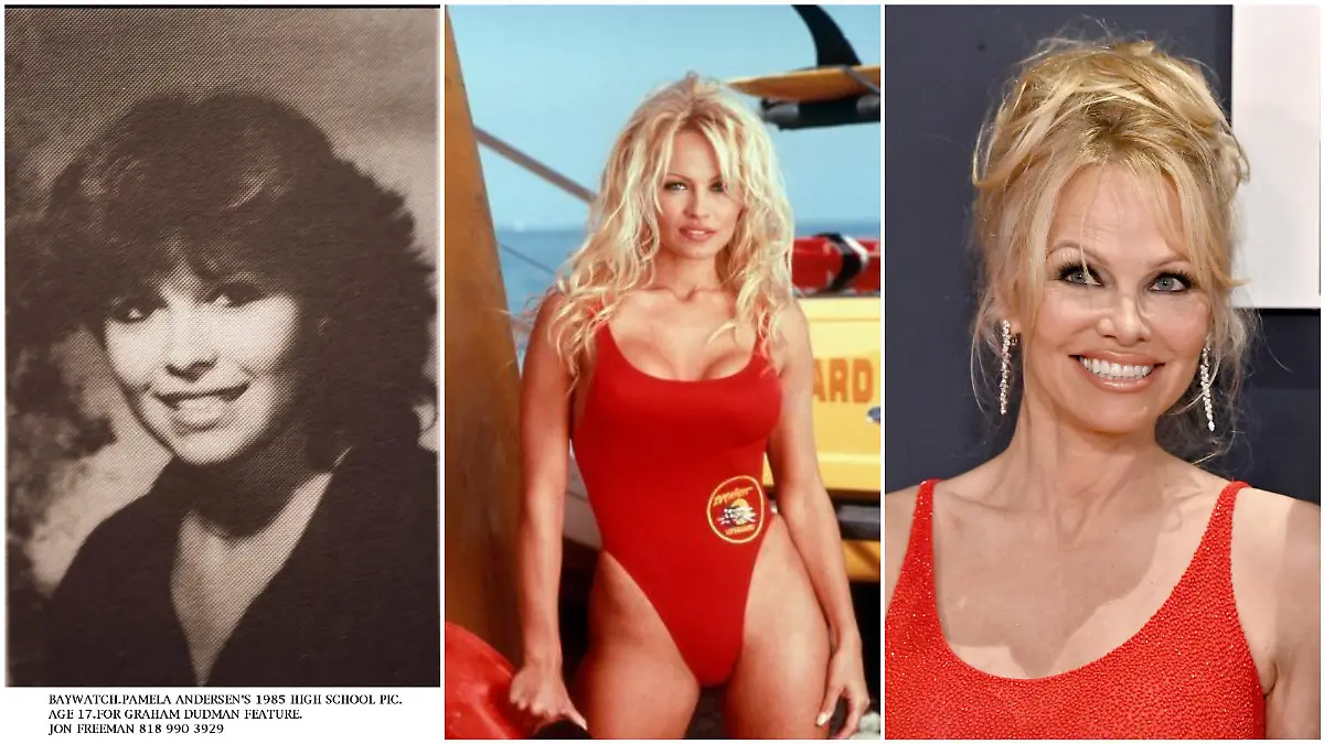 Eine Reise durch die Zeit: Pamela Anderson als Schülerin, "Baywatch"-Ikone und im Jahr 2023 bei der Premiere ihrer Netflix-Dokumentation.