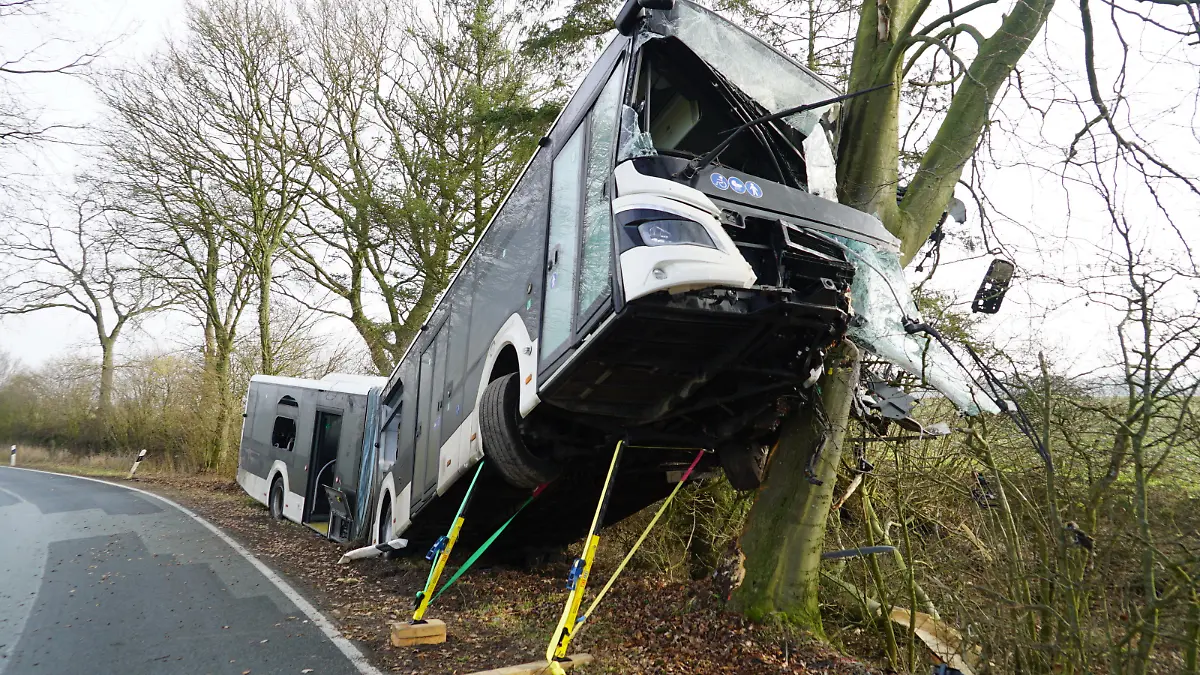 Schönberg nördlich von Trittau / Schleswig Holstein
Bsufahrer schwer verletzt
Der Fahrer eines Gelenkbusse ist auf einer Landstrasse bei Schönberg (Nördlich von Trittau) mit seinem Fahrzeug von der Strasse abgekommen und gegen einen Baum geprallt. Der Bus schob sich durch die Wuncht des Aufpralls bis auf 3 Meter Höhe in den Baum hoch. Der Fahrer wurde schwer verletztz mit einem Rettungshubschrauber in eine Klinik gebracht. Passagiere waren zum Zeitpunkt des Unfalls nicht im Bus. Die Bergung des Busses wird vorrausichtlich noch den ganzen Tag andauern
