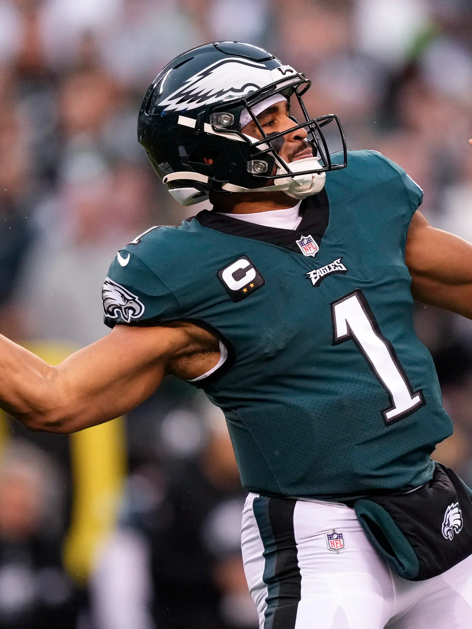 FILE - Philadelphia Eagles quarterback Jalen Hurts passes during the first half of the NFC Championship NFL football game between the Philadelphia Eagles and the San Francisco 49ers on Sunday, Jan. 29, 2023, in Philadelphia. The Chiefs and Eagles are bringing MVP finalists Patrick Mahomes and Jalen Hurts to the Super Bowl to cap a season in which the NFL had a glaring amount of instability at quarterback. (AP Photo/Matt Rourke, File)