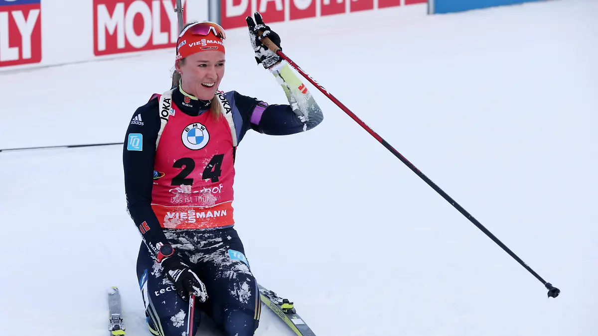 OBERHOF, GERMANY - FEBRUARY 10: Denise Herrmann-Wick of Germany reacts following the Women 7.5 km Sprint at the IBU World Championships Biathlon Oberhof on February 10, 2023 in Oberhof, Germany. (Photo by Alexander Hassenstein/Getty Images)