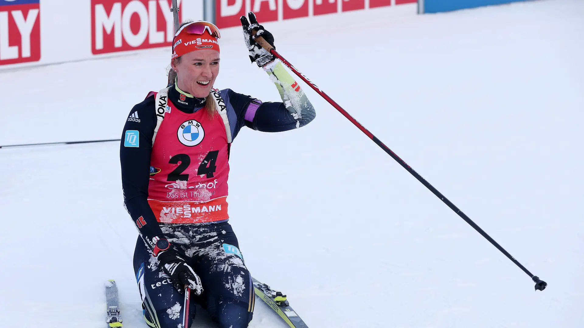 OBERHOF, GERMANY - FEBRUARY 10: Denise Herrmann-Wick of Germany reacts following the Women 7.5 km Sprint at the IBU World Championships Biathlon Oberhof on February 10, 2023 in Oberhof, Germany. (Photo by Alexander Hassenstein/Getty Images)