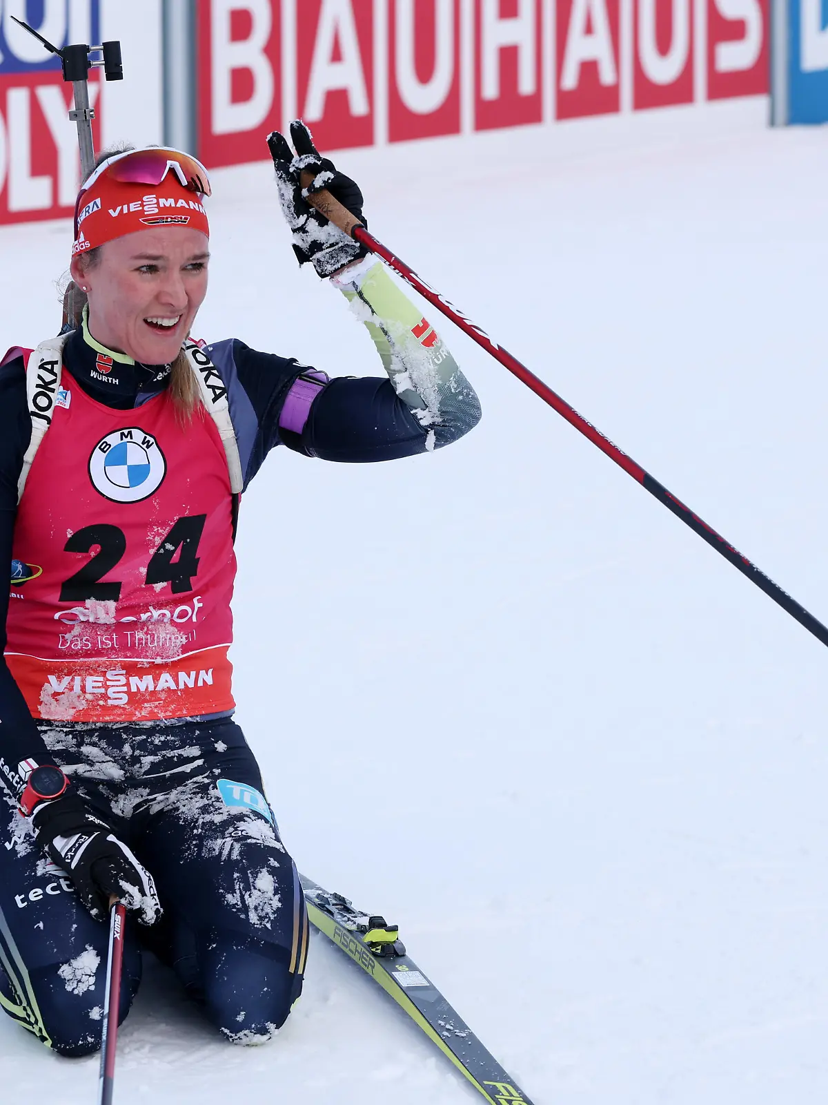 OBERHOF, GERMANY - FEBRUARY 10: Denise Herrmann-Wick of Germany reacts following the Women 7.5 km Sprint at the IBU World Championships Biathlon Oberhof on February 10, 2023 in Oberhof, Germany. (Photo by Alexander Hassenstein/Getty Images)